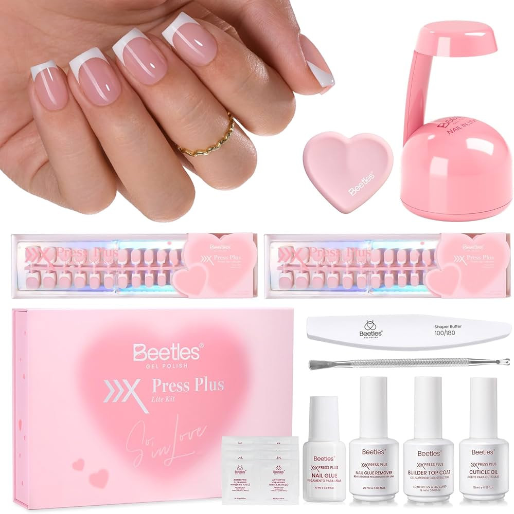 Beetles Valentines Press On Nails Kit - 300Pcs Short Square French Tip Press On Nails, 15Sizes Pi... | Amazon (US)