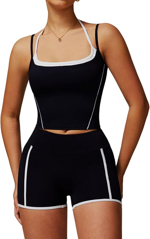 Two Piece Workout Sets For Women Tank Top and High Waist Booty Lifting Shorts Gym Yoga Active Out... | Amazon (US)