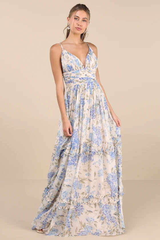 Niora Beige and Blue Floral Pleated Maxi Dress | Lulus