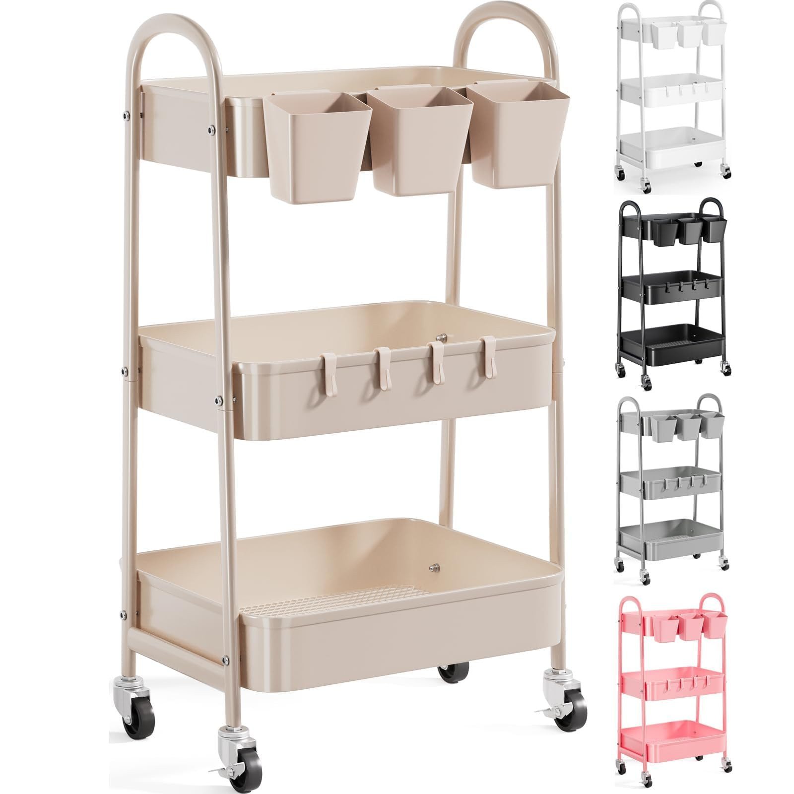3 Tier Khaki Metal Utility Rolling Cart, Storage Cart with Handle and Lockable Wheels, Multifunct... | Amazon (US)