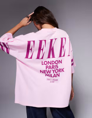 Weekend Collective Icon oversized t-shirt with stacked back logo in light pink and purple | ASOS (Global)