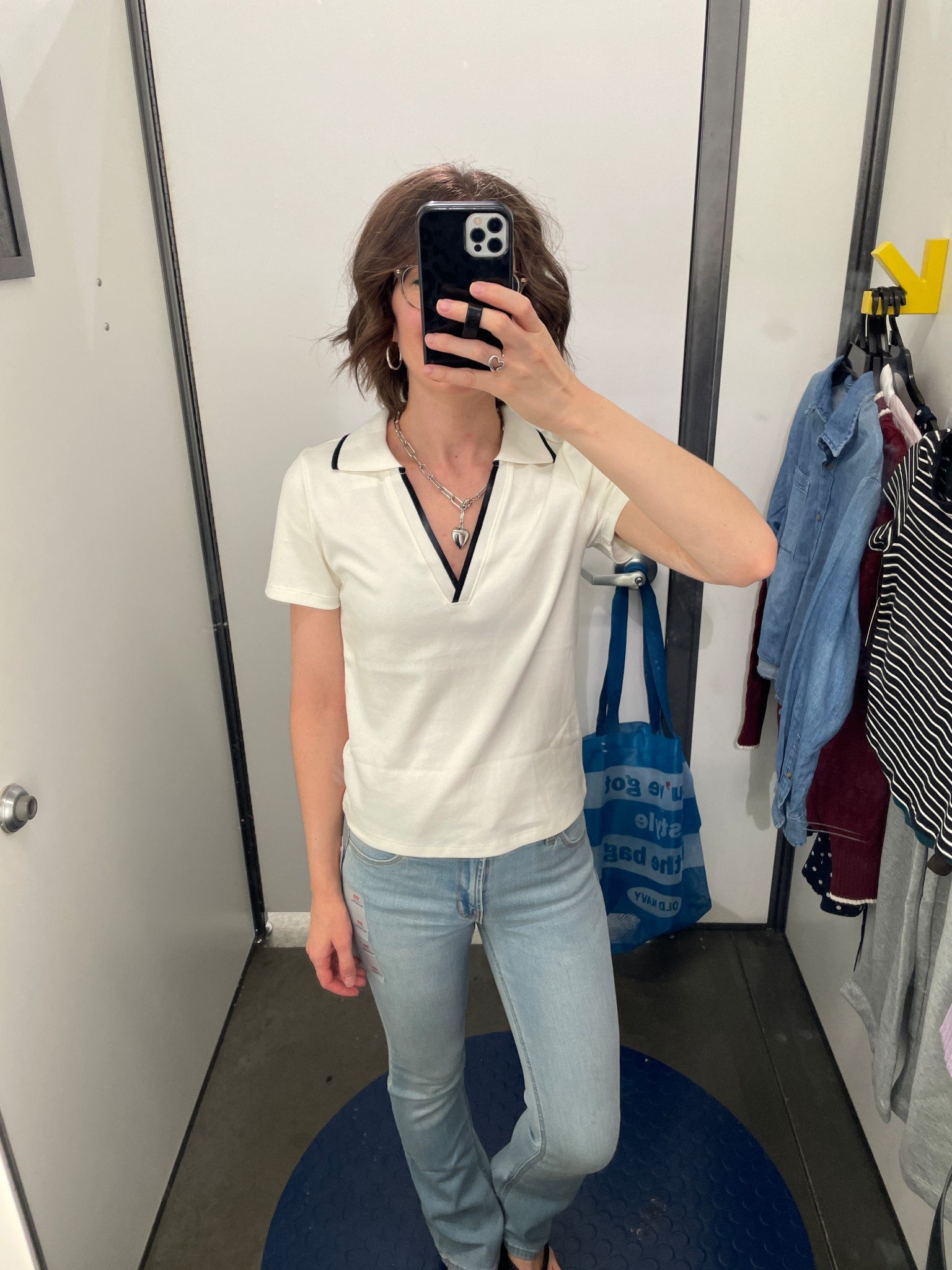 Collar tee: size up 1. This is 2 sizes up, but I actually love the way it fits. I ordered 1 size up (small) 