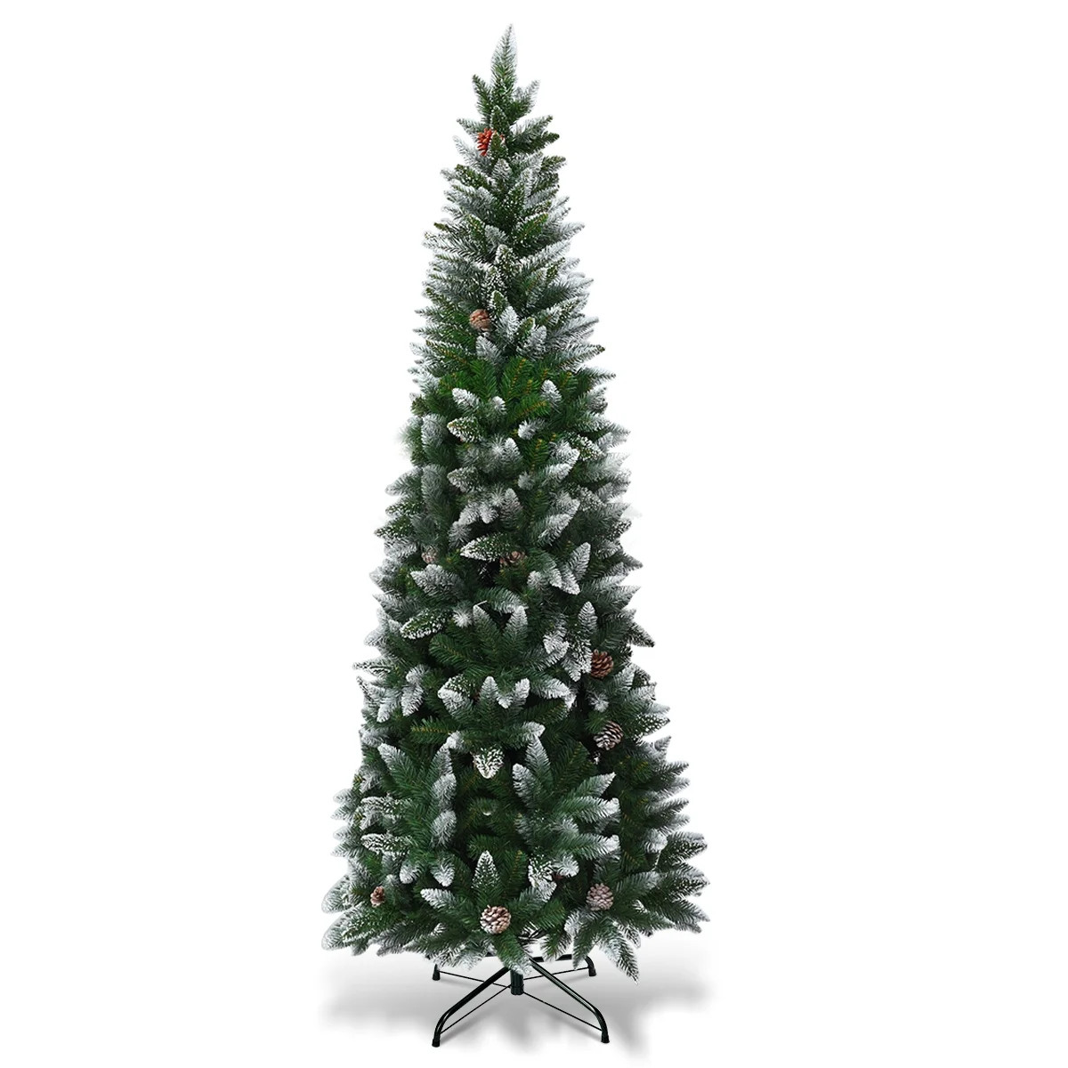 Costway 7.5ft Snow Flocked Pencil Christmas Tree Hinged Pine Cones | Walmart (US)