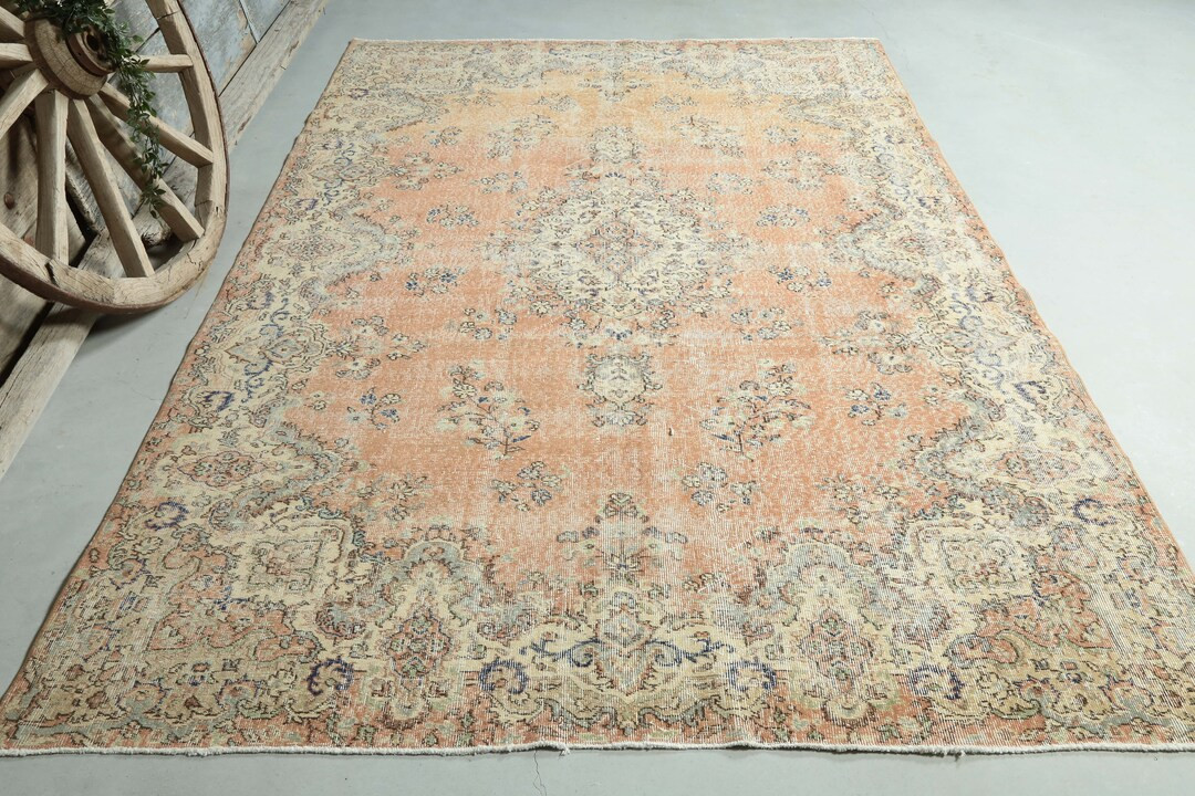 6.6x10.3 Faded Orange Turkish Anatolian Oushak Area Rug, Natural Beige Vintage Wool Rug, Oriental... | Etsy (US)