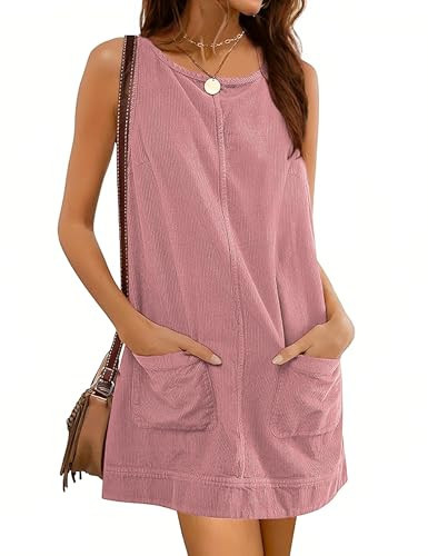 Hooever Women's Corduroy Overall Dress Round Neck A Line Skirtall Jumper Mini Dress Pinafore with Pockets(Pink-S) | Amazon (US)