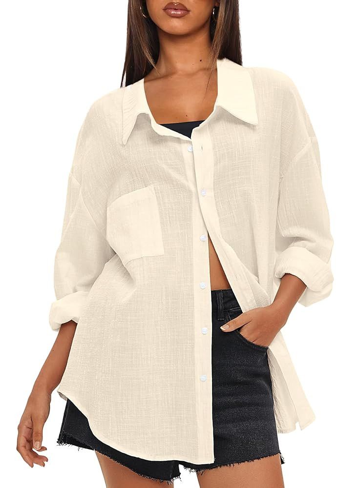 Darong Women's Button Down Long Sleeve Shirts Cotton Blend Casual Oversized Boyfriend Loose Fit B... | Amazon (US)