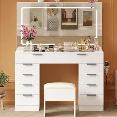 Modern Vanity Table with Lighted Mirror, 10 Drawers, Power Outlet & Stool - Adjustable Makeup Desk | Wayfair North America