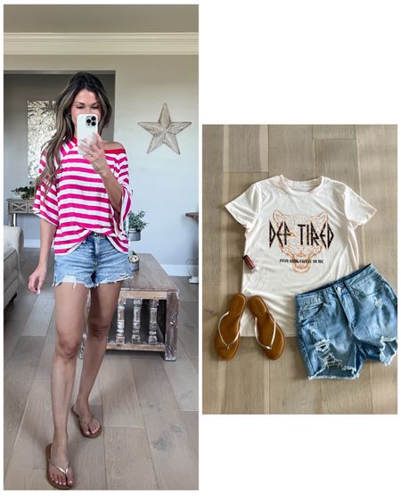 Striped tee Outfit
-striped tee: wearing size up (size small)
-shorts: xxs (run big in my opinion), have elastic in back
-sandals: suggest sizing up
-best nude lipstick 

Graphic Tee Outfit
-Tee: have in size up (small) and can wear with leggings at 5’1 
-Shorts: xs, go down if between

#LTKSaleAlert #LTKFindsUnder50