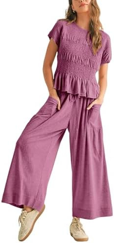 Womens 2 Piece Smocked Top Wide-Leg Pants Set High-Waisted Lounge Outfit with Pockets Casual Boho... | Amazon (US)