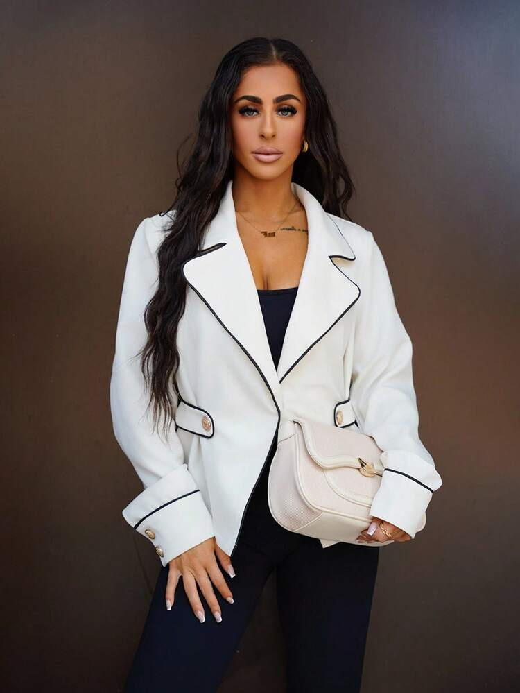 SAYEHFBABY Women's Fashionable & Elegant Contrast Trim Slim Waist Belt Apricot Blazer, Suitable F... | SHEIN