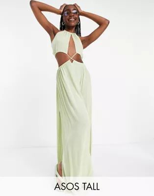 ASOS DESIGN tall cross waist halter maxi beach dress in khaki | ASOS (Global)