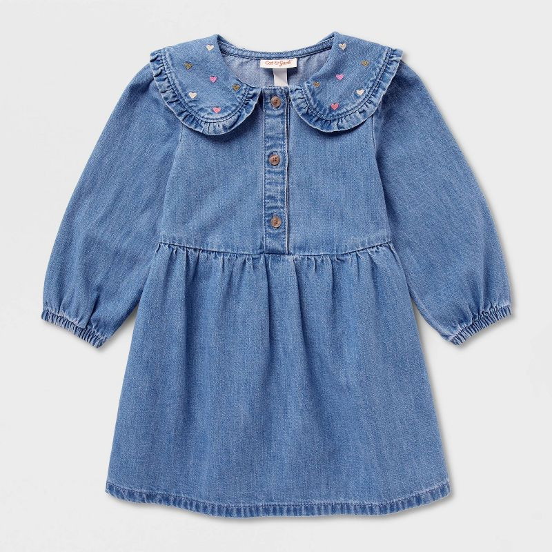 Toddler Girls' Long Sleeve Heart Collar Denim Dress - Cat & Jack™ Medium Wash 2T | Target
