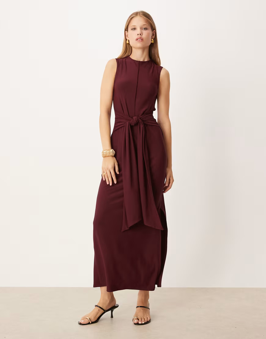 ASOS DESIGN premium sleeveless knot front maxi dress in burgundy-Red | ASOS (Global)