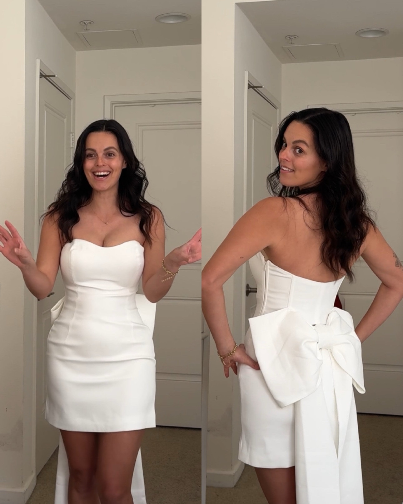 wearing size small in bow dress and XS in the knit dress 🤍