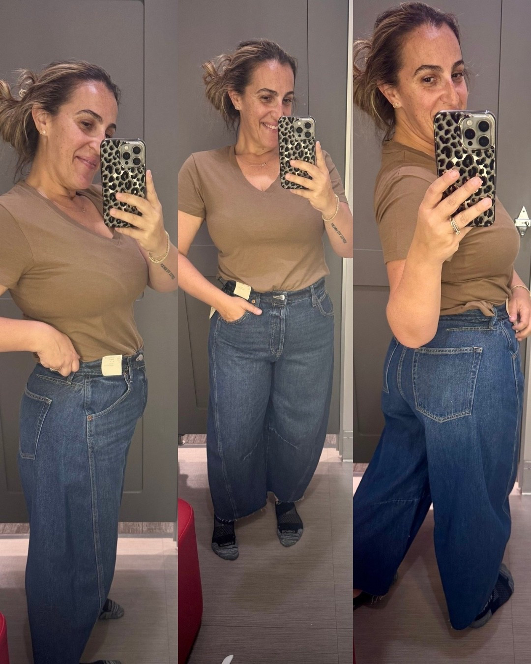 Target barrel jeans! These don’t have much stretch. Go with your true size. It is a wider barrel leg. 
Size medium in tee, tts. 

#LTKFindsUnder50 #LTKOver40 #LTKStyleTip