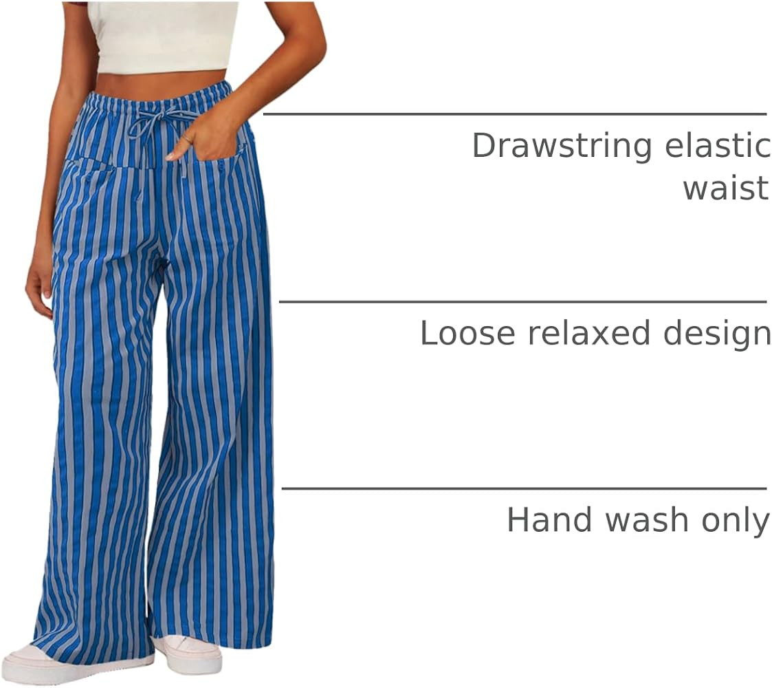 Acelitt Women Casual Drawstring Elastic Waist Loose Wide Leg Striped Pants with Pockets, S-XXL | Amazon (US)