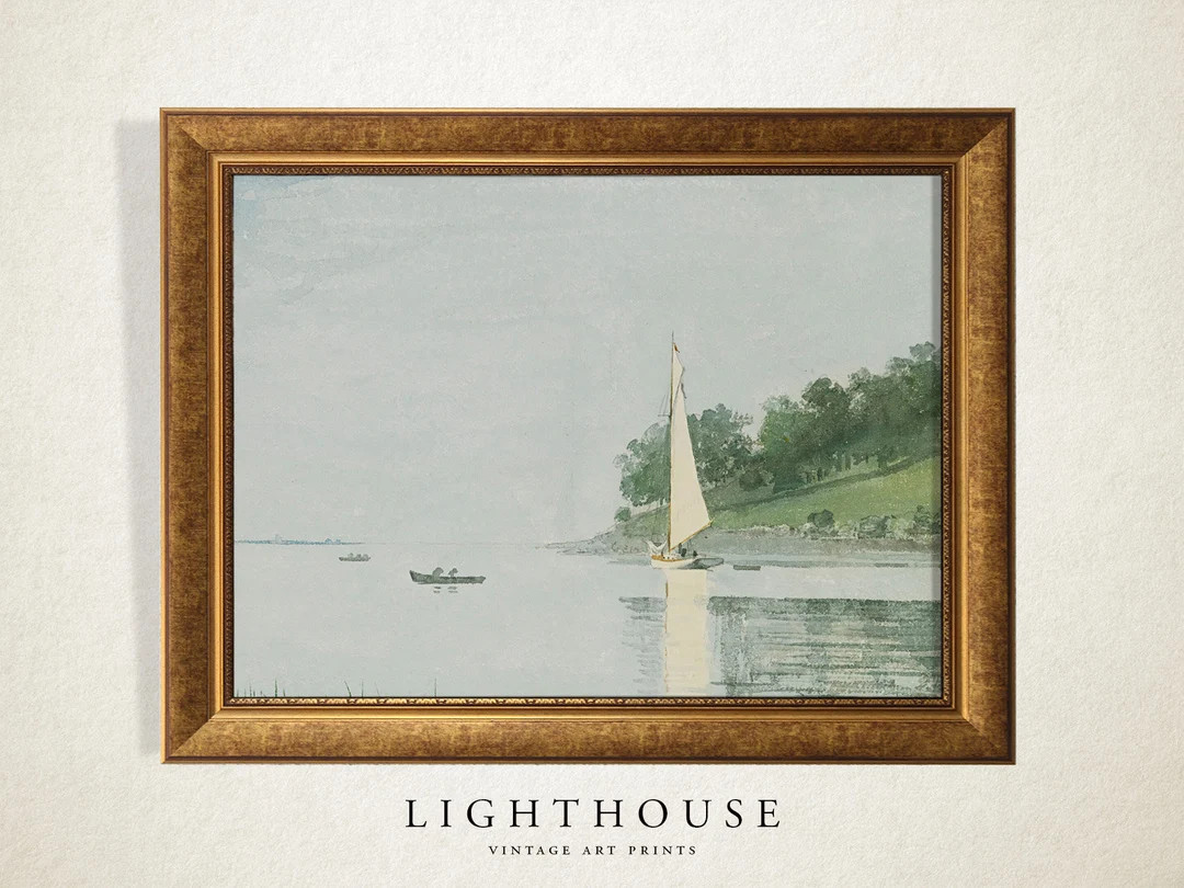 Vintage Sailboat Waterscape Print | Sailboat on Lake Art | PRINTABLE Digital Art 1235 | Etsy (US)