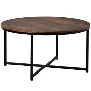 ATHMILE Distressed Brown 35 in. Round Wood Coffee Table Featuring X-Shaped Base and Adjustable Leg P | The Home Depot