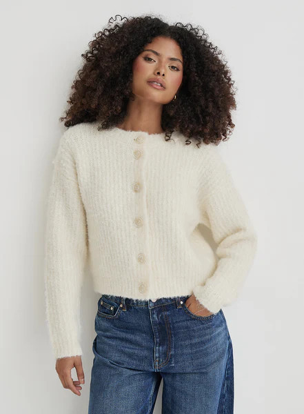 Cream Fluffy Knit Crew Neck Cardigan- Kinsley | 4th & Reckless