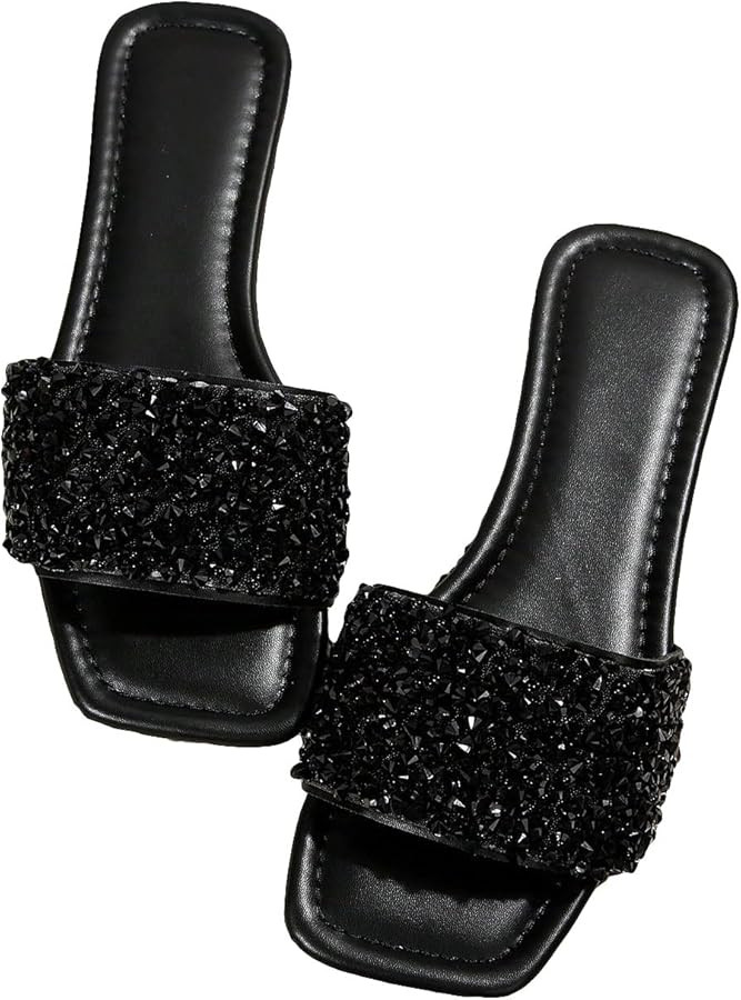 GORGLITTER Women's Sparkly Jeweled Flat Sandals Dressy Open Toe Glitter Shiny Slippers Slip-on Sh... | Amazon (US)