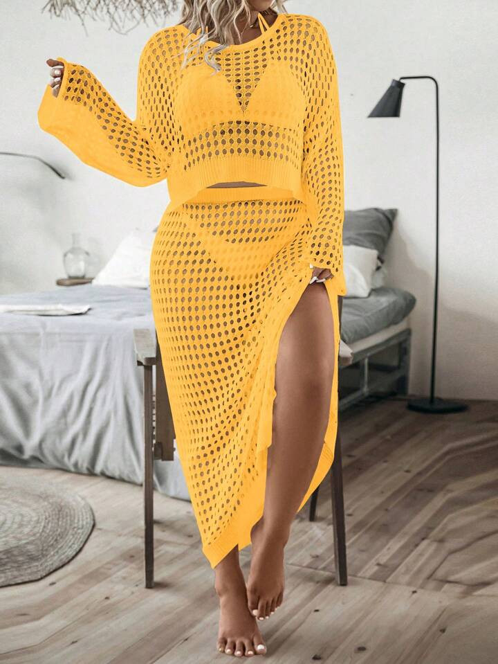 Breezaya Plus Open Knit Drop Shoulder Sweater & Split Thigh Knit Skirt Without Lingerie | SHEIN