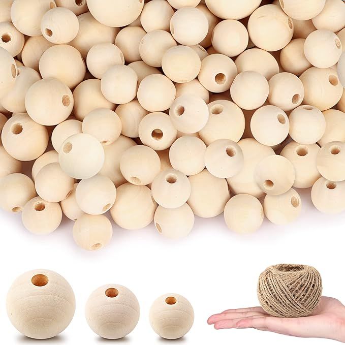 DICOBD 300pcs Wooden Beads 3 Sizes(16mm/20mm/25mm) Natural Unfinished Round Wood Beads Large with... | Amazon (US)