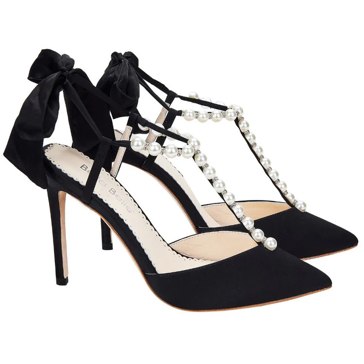 T-Strap Black Heels with Pearls and Ankle Straps | Bella Belle Shoes