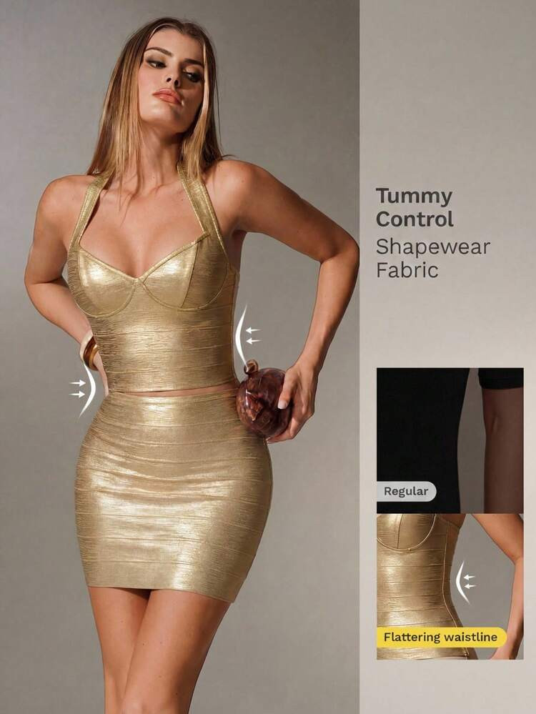 Nuvra Bandage Crop Top With Deep V-Neck And Exposed Midriff Night Club Party Gold Spring To Summer Sexy | SHEIN