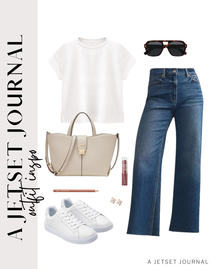 PRETTYGARDEN’s simple white top and high-waisted denim go well with Cole Haan’s sneakers and this chic top-handle bag. I styled this with SOJOS polarized aviator sunglasses and matching studs to keep it casual and light. 

#LTKSeasonal #LTKSaleAlert #LTKTravel 

 