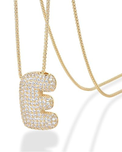 PAVOI 14K Yellow Gold-Plated Cubic Zirconia Bubble Initial Letter Necklace for Women - Gold Balloon Letter E Necklace - Chunky Pendant | Amazon (US)