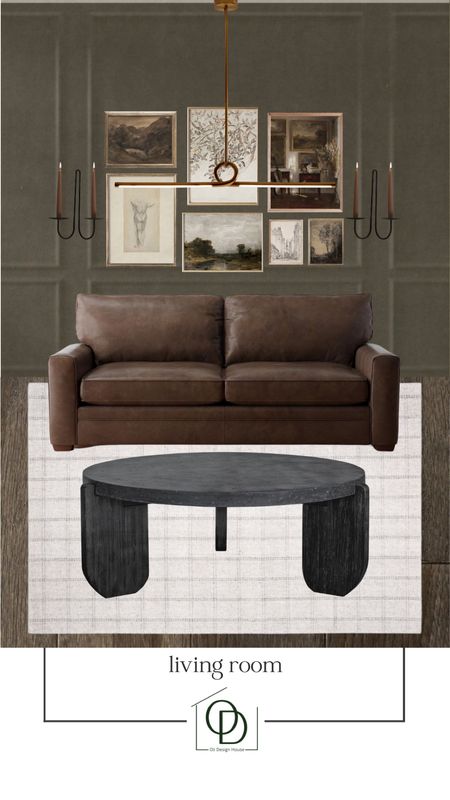 A moody living room design with dark leather couch, black round coffee table, checkered rug, vintage gallery art, double candle sconces

#LTKsalealert #LTKstyletip #LTKhome