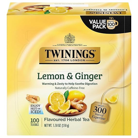 Twinings Lemon & Ginger Herbal Tea Individually Wrapped Bags, 100 Count (Pack of 1), Tangy Lemon,... | Amazon (US)