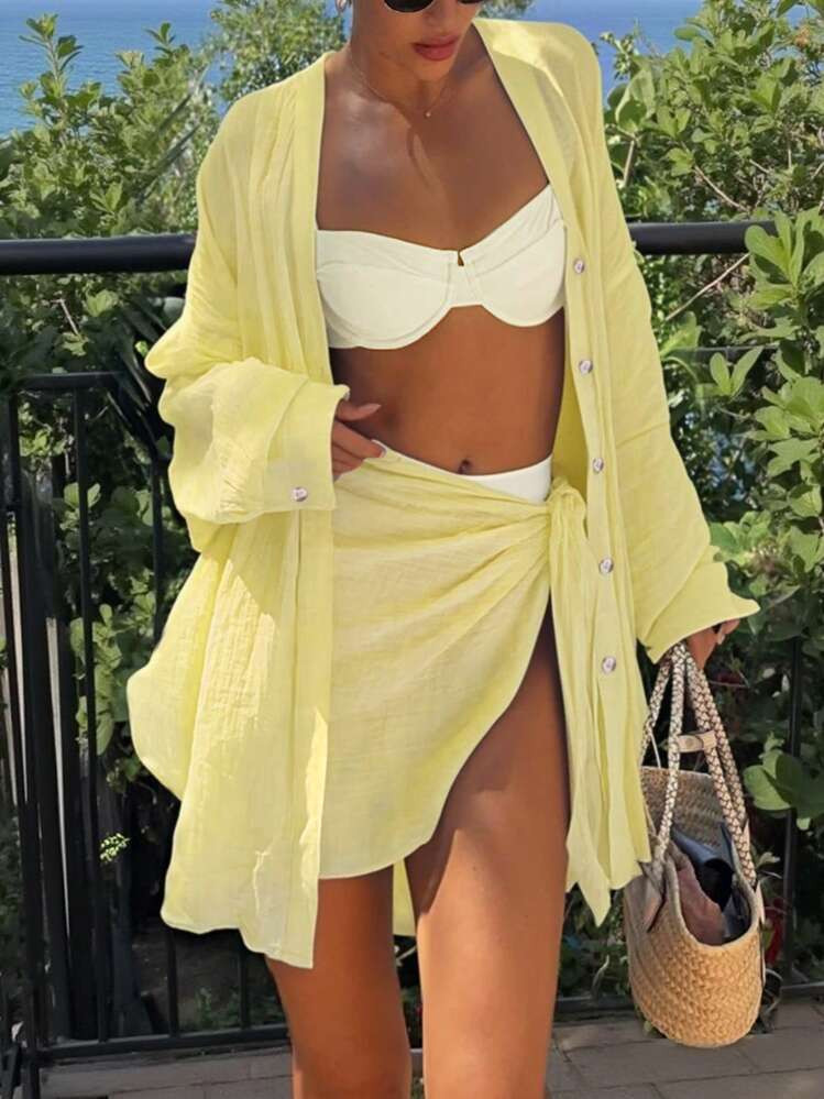 INAWLY Women's Autumn Solid Color Drop Shoulder Long Sleeve Button Shirt And Knotted Waist A-Line Skirt 2 Pieces Casual Set Fall Cloth For Women | SHEIN