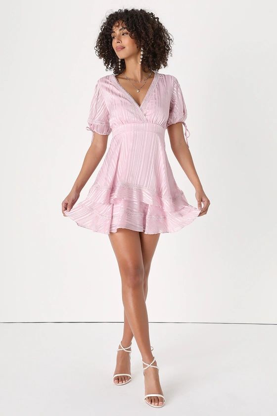 Adorable Essence Light Pink Striped Puff Sleeve Mini Dress | Lulus (US)