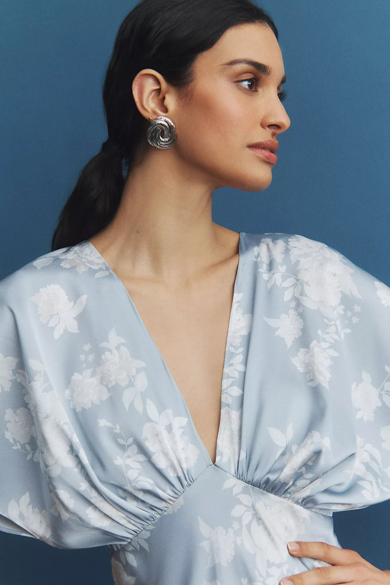 BHLDN Leila Deep-V Flutter-Sleeve Satin A-Line Gown | Anthropologie (US)