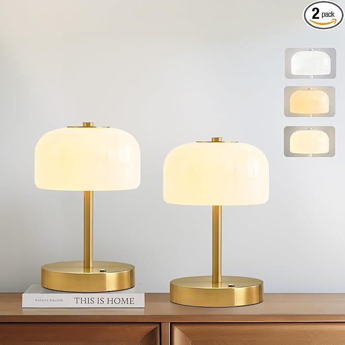 PORTRES Cordless Table Lamp Rechargeable Battery Operated Mushroom lamp Opal Glass Shade 3 Way Di... | Amazon (US)