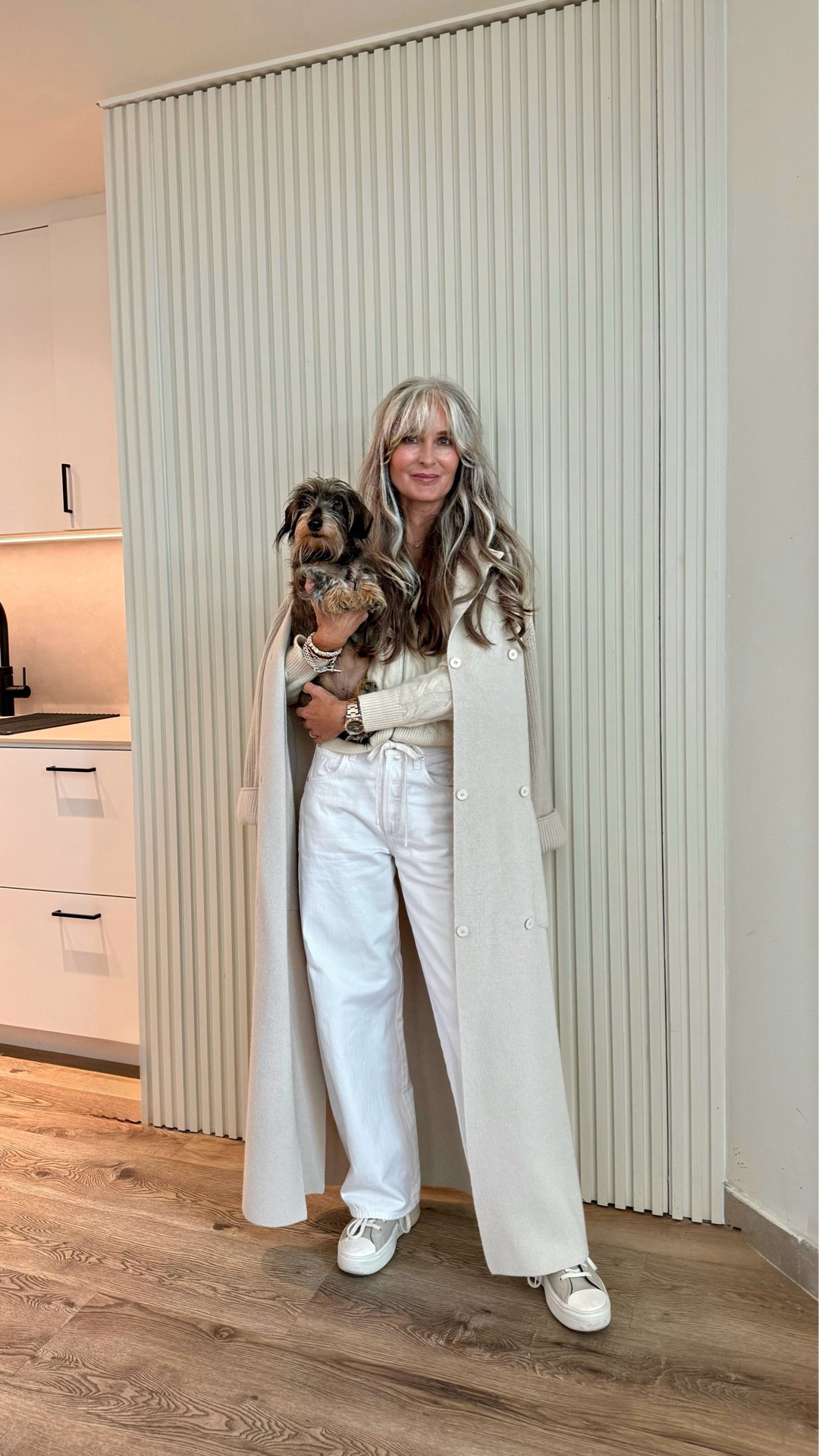 Winter White.  Wearing one colour / tone makes dressing easier. 
Makeup.  Easy but don’t forget a bit of a tan, it looks great with this clothing combo. 
My hair doesn’t hold a curl but I love a bit of bounce. It’s worth playing when you have a little time and the right tools.