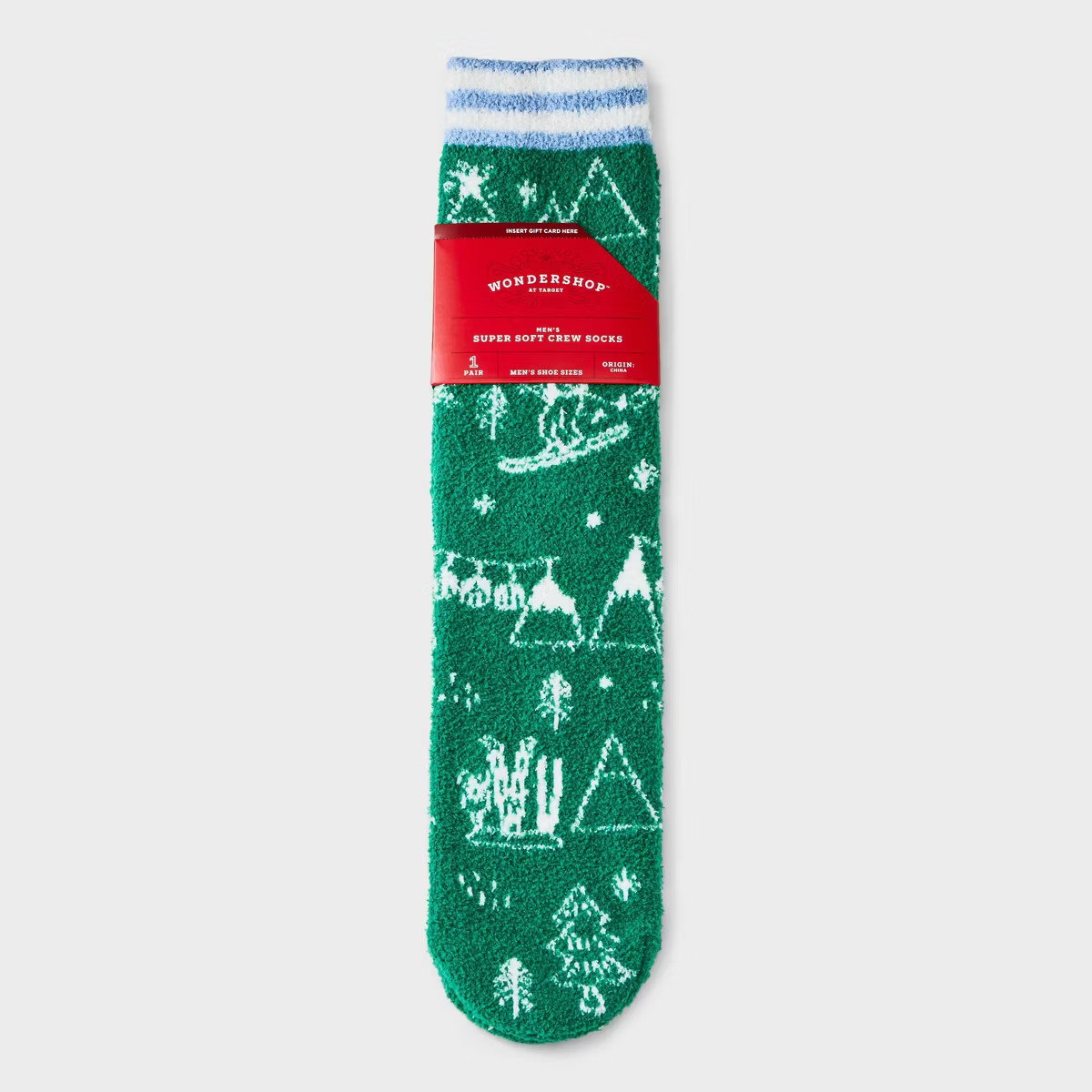 Men's Santa Ski Scene Cozy Crew Socks with Gift Card Holder - Wondershop™ Green/White 6-12 | Target