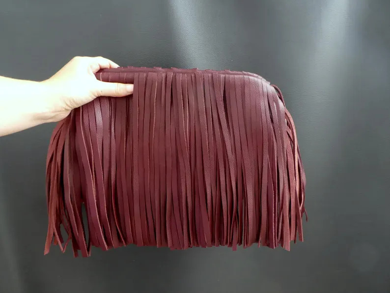 Burgundy Genuine Leather Fringed Framed Clutch, Leather Large Cloud Bag With Tassels, Handmade Ov... | Etsy (US)