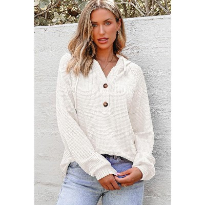 Women's Waffle Knit Sweatshirt Soft Button Front Pullover Classic Fall/Winter Essential In Neutral Tones 白色,L | Target