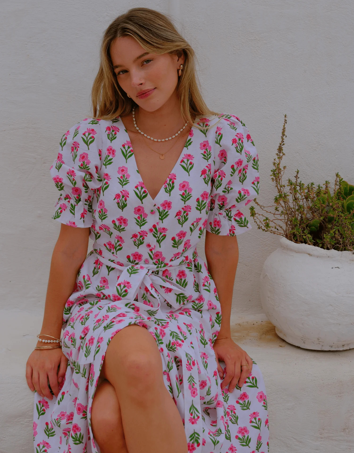 Francis Dress | Pink, White & Green Floral Midi | Block Print Linen | Pink City Prints UK