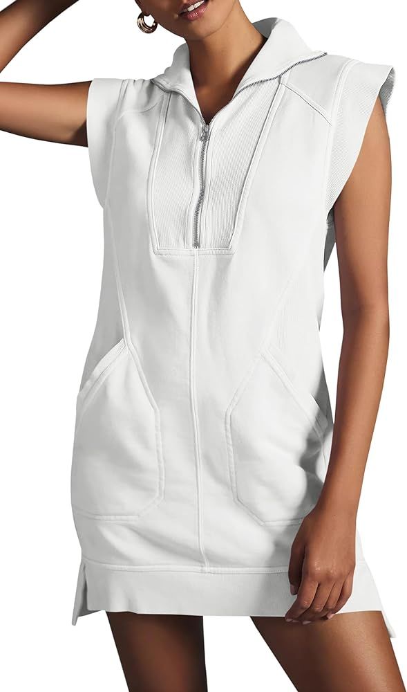 Fisoew Womens Summer Half Zip Sweatshirt Dresses V Neck Collared Sleeveless Workout Tunic Mini Dr... | Amazon (US)