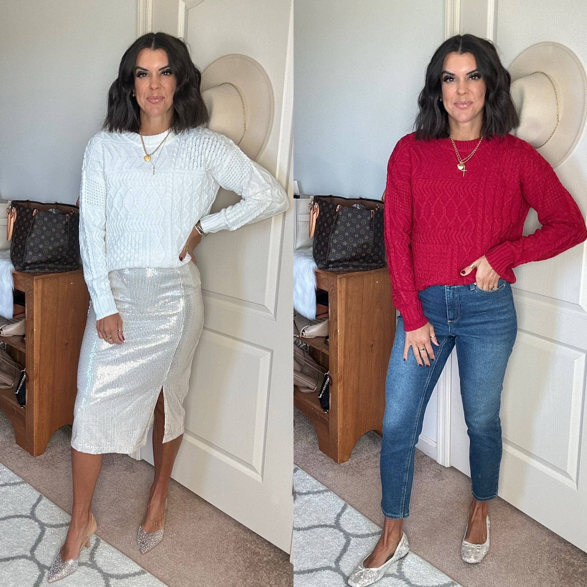 Walmart sweaters that are perfect for the holidays! Size small in everything, size 2 in jeans. Shoes fit tts 

#LTKFindsUnder100 #LTKStyleTip #LTKSaleAlert