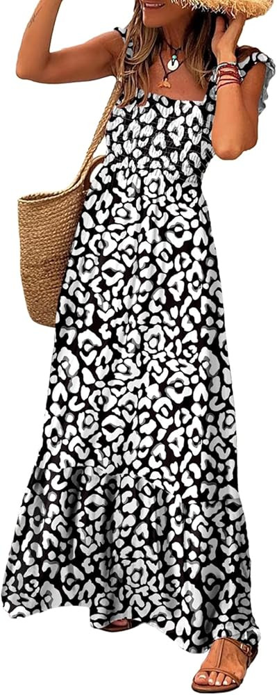 LOLONG Maxi Dress for Women Summer Boho Spaghetti Strap Square Neck Ruffle Beach Sun Dress | Amazon (US)