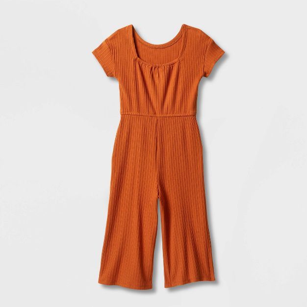 Toddler Girls' Solid Rib Short Sleeve Jumpsuit - Cat & Jack™ Brown | Target