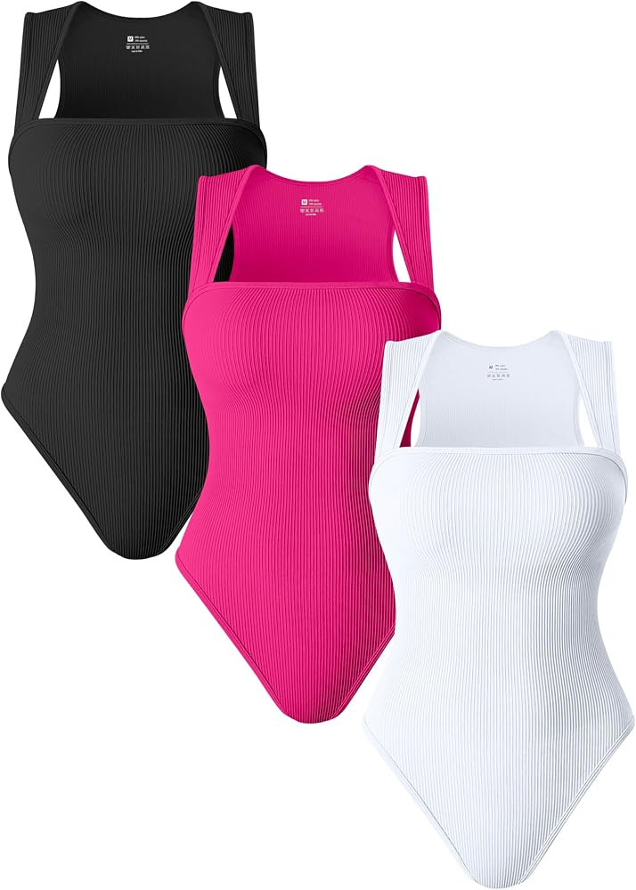 TOB Women's 3 Piece Bodysuits Sexy Ribbed Strappy Square Neck Sleeveless Shapewear Bodysuits | Amazon (US)
