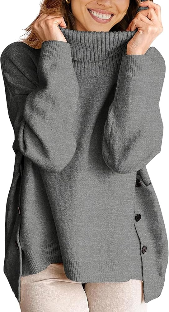 ECOWISH Women Fall Pullover Sweater Turtleneck Plaid Long Sleeve Loose Casual Chunky Checked Knit... | Amazon (US)