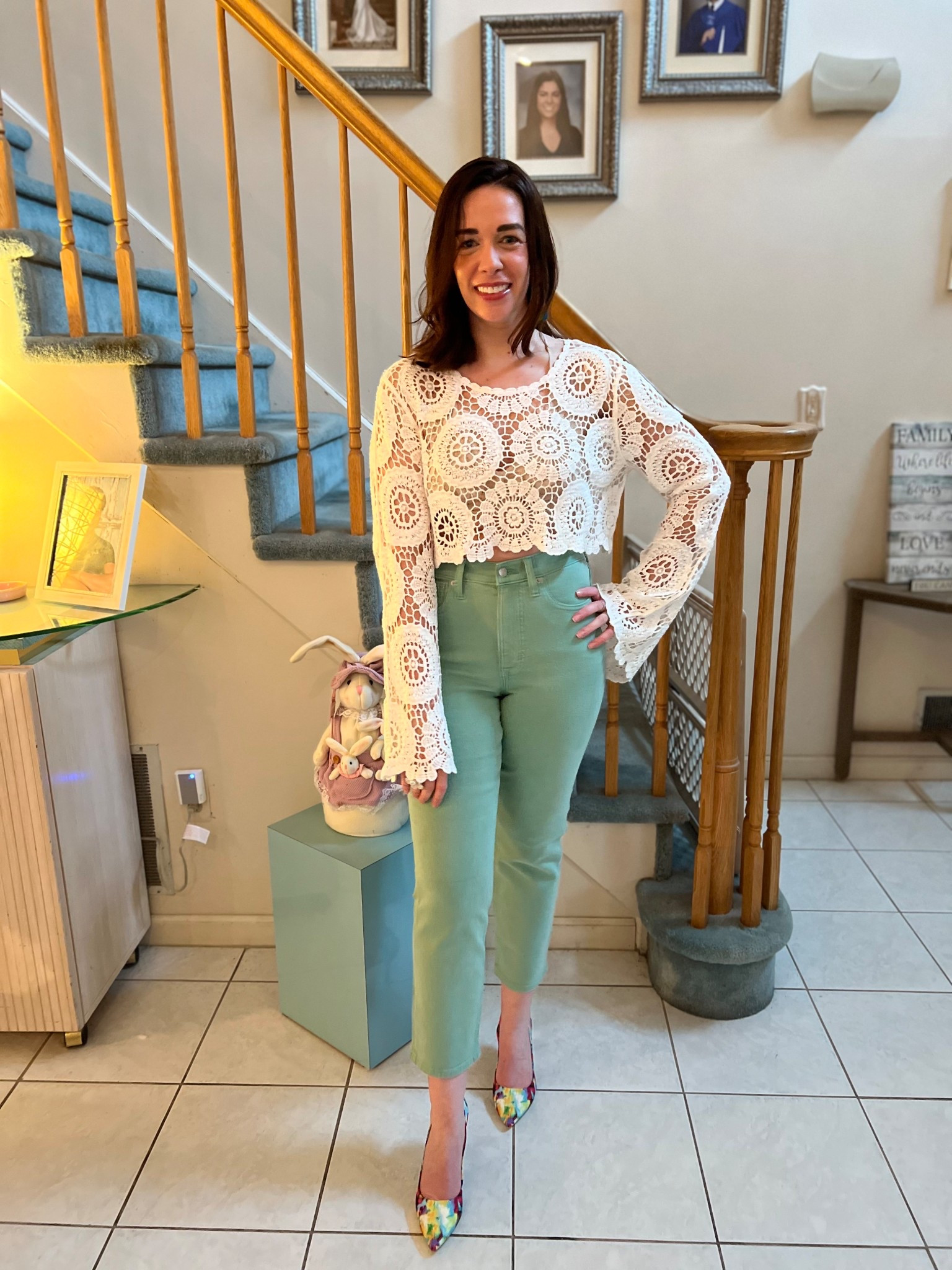 White crochet long sleeve top (s). Mint green high waisted cropped jeans (27). Floral pumps (8.5). #crochettop #whitetop #longsleevetop #whitecrochettop #jeans #croppedjeans #highwaistedjeans #mintgreenjeans #pumps #floralpumps #springoutfit #easteroutfit 
spring outfits 2026
easter outfits women @VICI @tjmaxx @DSW

#LTKSeasonal #LTKootd