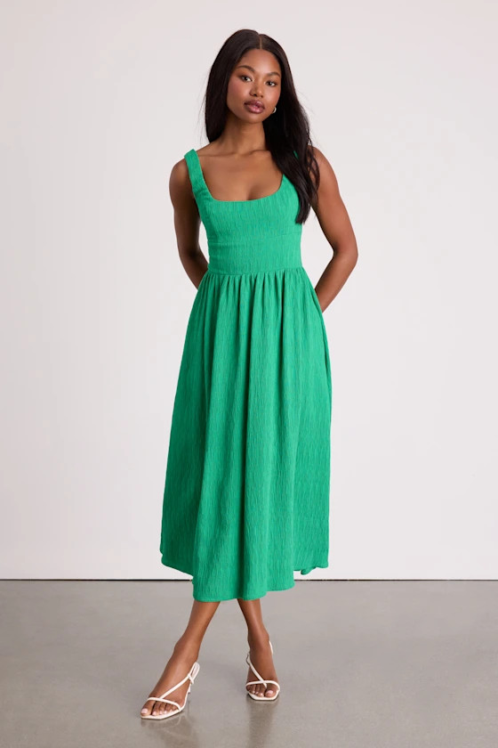Alianna Green Textured Scoop Back Midi Dress | Lulus