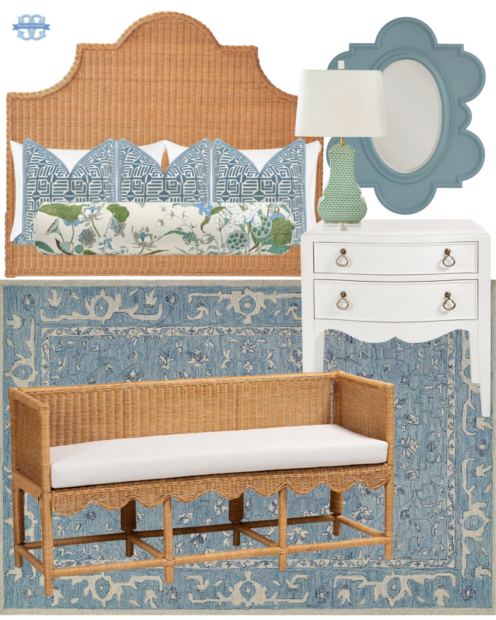 Coastal blue & rattan bedroom inspo💙

Home Decor, Grandmillennial, Scalloped Rattan, Headboard, Bedroom Decor, Pillows, Nightstand, Rug

#LTKHome